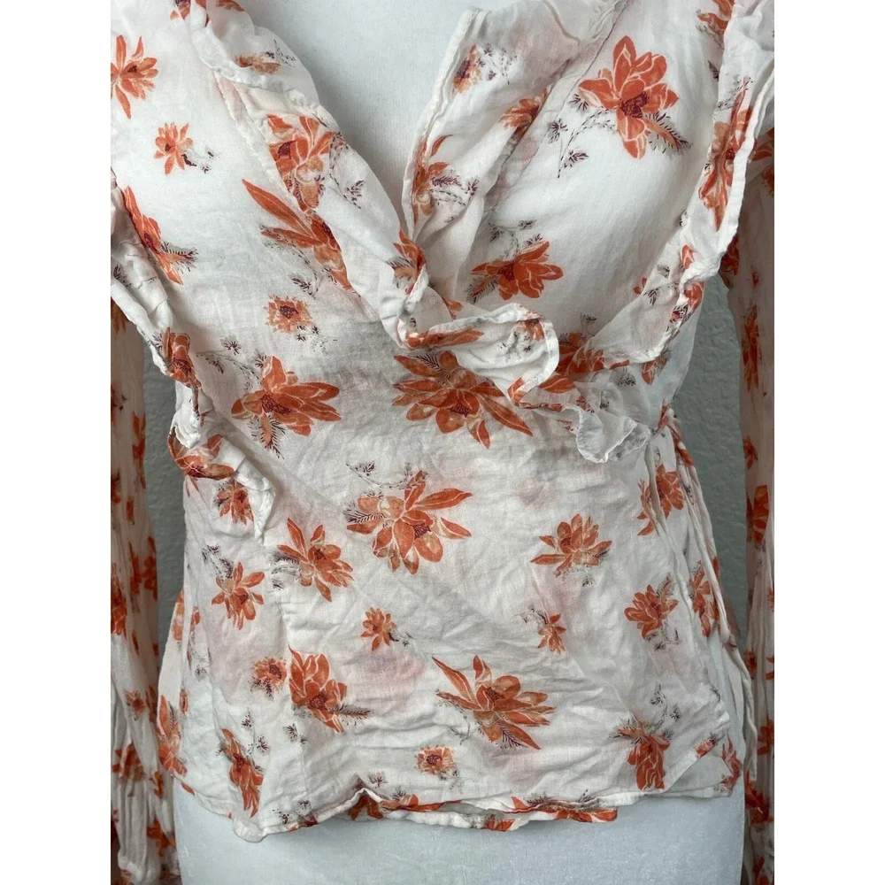 Free People Amanda Ruffle Floral Wrap Top‎ Ivory Cottagecore Romantic Blouse